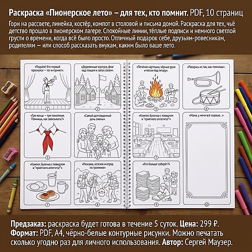 Раскраска «Пионерское лето» — для тех, кто помнит. PDF, 10 страниц